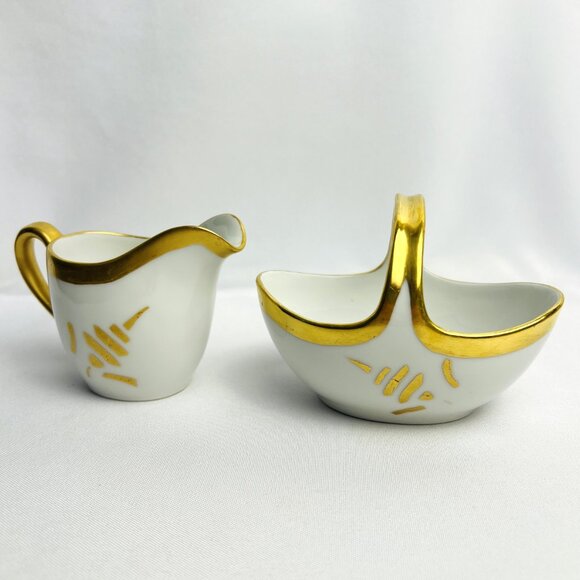 Vintage AEH Japan Porcelain Small Creamer & Basket Set Gold Accents Marked 1930 - Picture 4 of 12